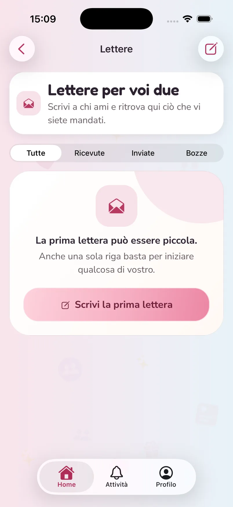 Duonook screenshot: your letters, with the button to write the first one.